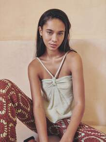 Nöista This Light Green Camisole Top Features Thin Straps Connected By A Knot At The Front Center, Creating A Soft Drape And Relaxed Fit. Its Pastel Shade And Gentle Silhouette Make It Ideal For Summer Outfits, Cute Summer Tops, Plus Size Summer Clothes, And Versatile Women's Summer Clothes. - Green - View 2