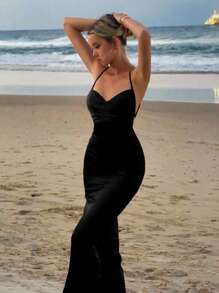 DAZY Sukienka letnia z wiązaniem i dopasowaną talią, nowa, imprezowa, na ramiączkach spaghetti, letnia, damska - Czarne - Zobacz 3