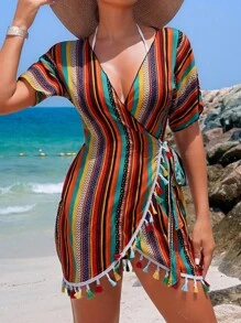 Swim Vcay Kimono họa tiết chắp vá cổ áo tua rua trang trí cho kỳ nghỉ bãi biển mùa hè của phụ nữ - Nhiều màu - Xem 5