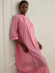 BELROSIE Elegant Soft Pink Long Dress For Women,Autumn Lace Trim Decor Open-Front 3/4 Lantern Sleeve,Lightweight Luxury & Chic Brunch Beach Holiday Style - Watermelon Pink - View 4