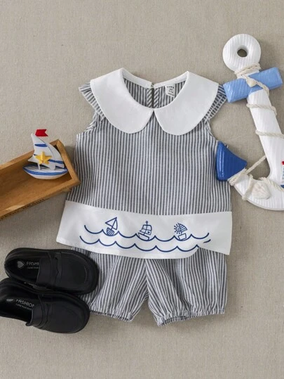  PrepCrw Baby Girl College Style Sailor Collar Boat Print Top And Shorts Set Girls School Uniform School Tops Teen Girl Clothes For School Cute Tops For School Uniform School For Girls Back To School Outfits Girls Back To School Outfit First Day Of School Outfits