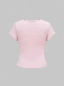 ROMWE Hippie 夏季海滩节日派对音乐节复古花卉刺绣弹力短袖修身棕色女士T恤 - 粉色 - 查看 2