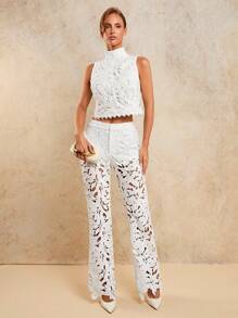 COSMINA 女士花卉蕾丝镂空立领简约无袖时尚衬衫，返校节，秋季服装