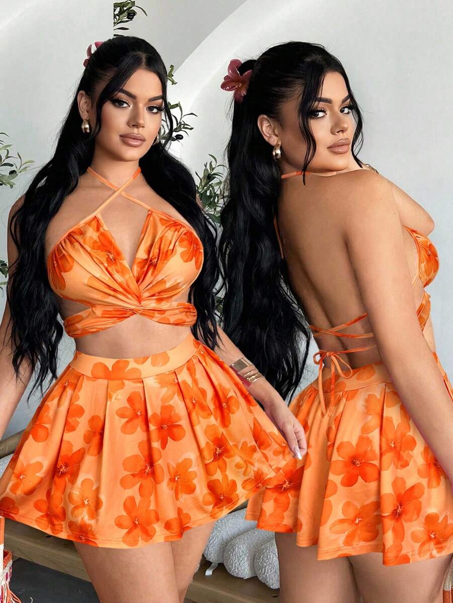 SHEIN SXY 2件套女士吊带比基尼上衣和迷你裙套装 - 橘色 - 查看 1