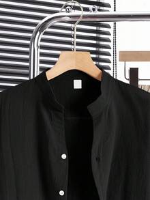 SHEIN TeenBoys 2件組休閒寬鬆百搭舒適高 CP 值立領梭織短袖襯衫長褲套裝，青少年男孩 - 黑色 - 查看 4