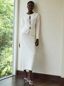 Lumivelle Women's Autumn Chinese Style Button-Up White Loose Cardigan Sweater Top & Fitted Skirt 2 Pieces Set