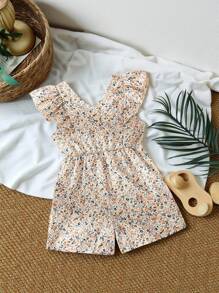 SHEIN Vintaside Kids 年轻女孩夏季新款碎花荷叶边 V 领系带腰露背 A 字连衣裙，田园风格时尚 - 彩色 - 查看 9