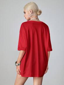ROMWE Avant Áo thun in họa tiết cổ chữ V hở vai phong cách Y2K dành cho nữ - Đỏ - Xem 4