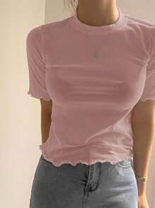 DAZY Camiseta ajustada de unicolor para mujer con detalles de volantes para el verano