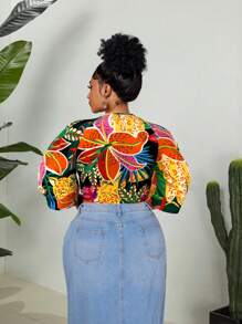 Maweii 大码热带印花泡泡袖休闲假日衬衫 - 黑色 - 查看 5