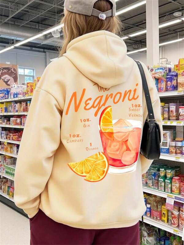 DrmWander Orange Slogan & Cocktail Print Hooded Long Sleeve Sweatshirt For Women