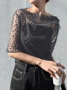 FRIFUL Women's Oblique Shoulder Draped Neck Polka Dot Flocked Body-Fitting Short Sleeve Casual Lightweight Blouse, Summer Wear Sheer Top See Through Top Mesh Shirt Polka Dot Sheer Top Sheer Blouse