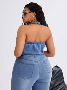 Slaydiva Chaqueta vaquera sin mangas con abertura alta para mujer de talla grande, sexy e inelástica para otoño - Azul - Ver 6
