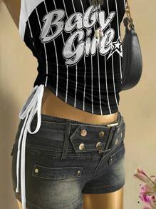 Attitoon Back To School, Black & White Striped, Retro Baby Girl Pattern, Punk Rock Style, Y2K Punk Hottie, Suitable For Music Festivals, Beach, Summer Miami Girl Tie-Front Crop Top Baby Girl Striped Tube Top Women Summer Top Beach Y2k Fashion,Back To School Goth Suitable For Going Out - Black and White - View 8