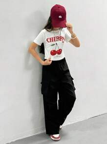 2 Stücke Set: Crop Top mit Kirsche Muster + Cargohose, für Mädchen in Große Größen