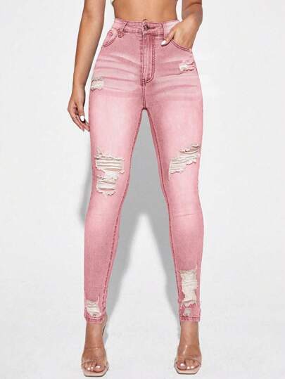 Selenza 宽松破洞猫须紧身牛仔裤