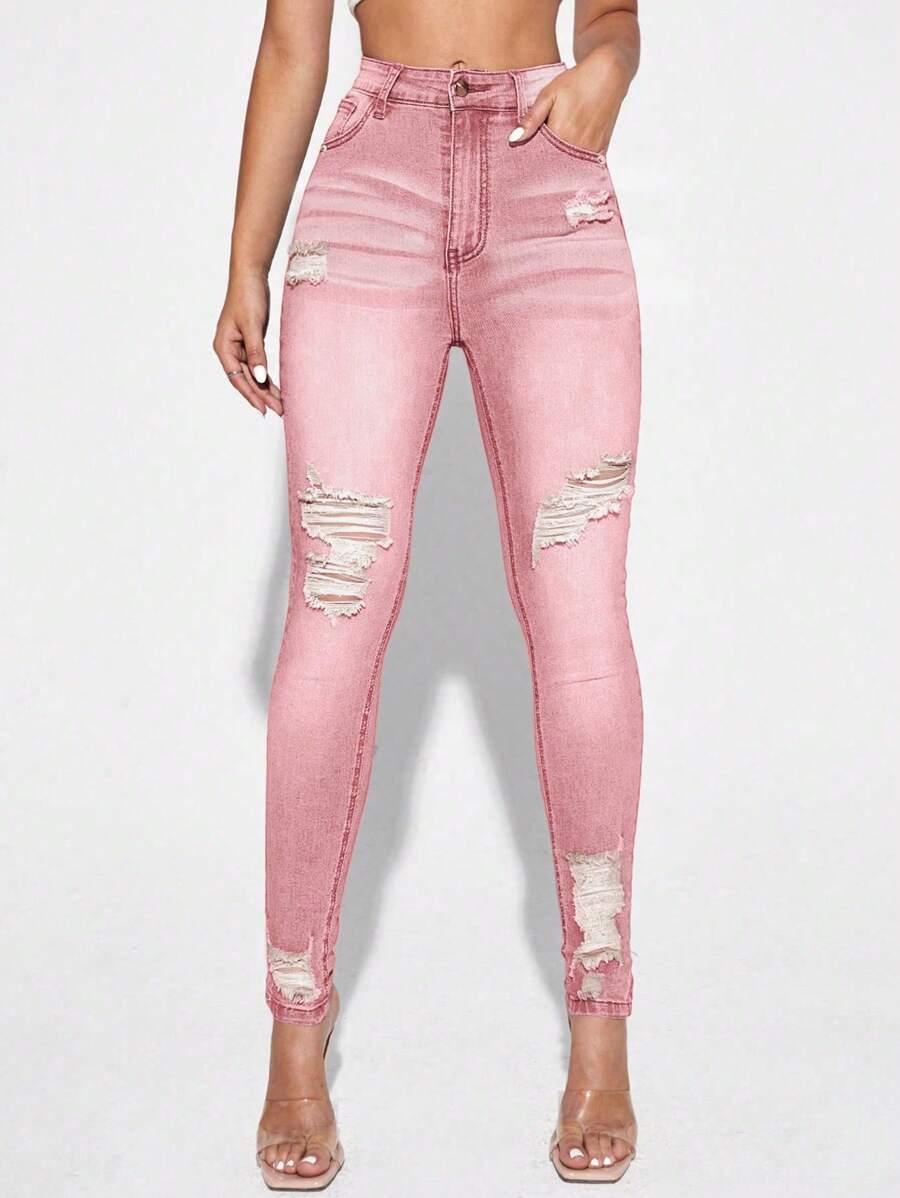 Selenza Relaxed Distressed Cat Whisker Skinny Fit Jeans - Pink - View 1