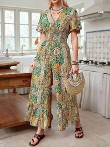 LanaWest Damen Jumpsuit mit Allover-Muster und Raffungen an den Ärmeln - Zufälliges Blumenmuster - Verschiedenfarbig - Übersicht 1