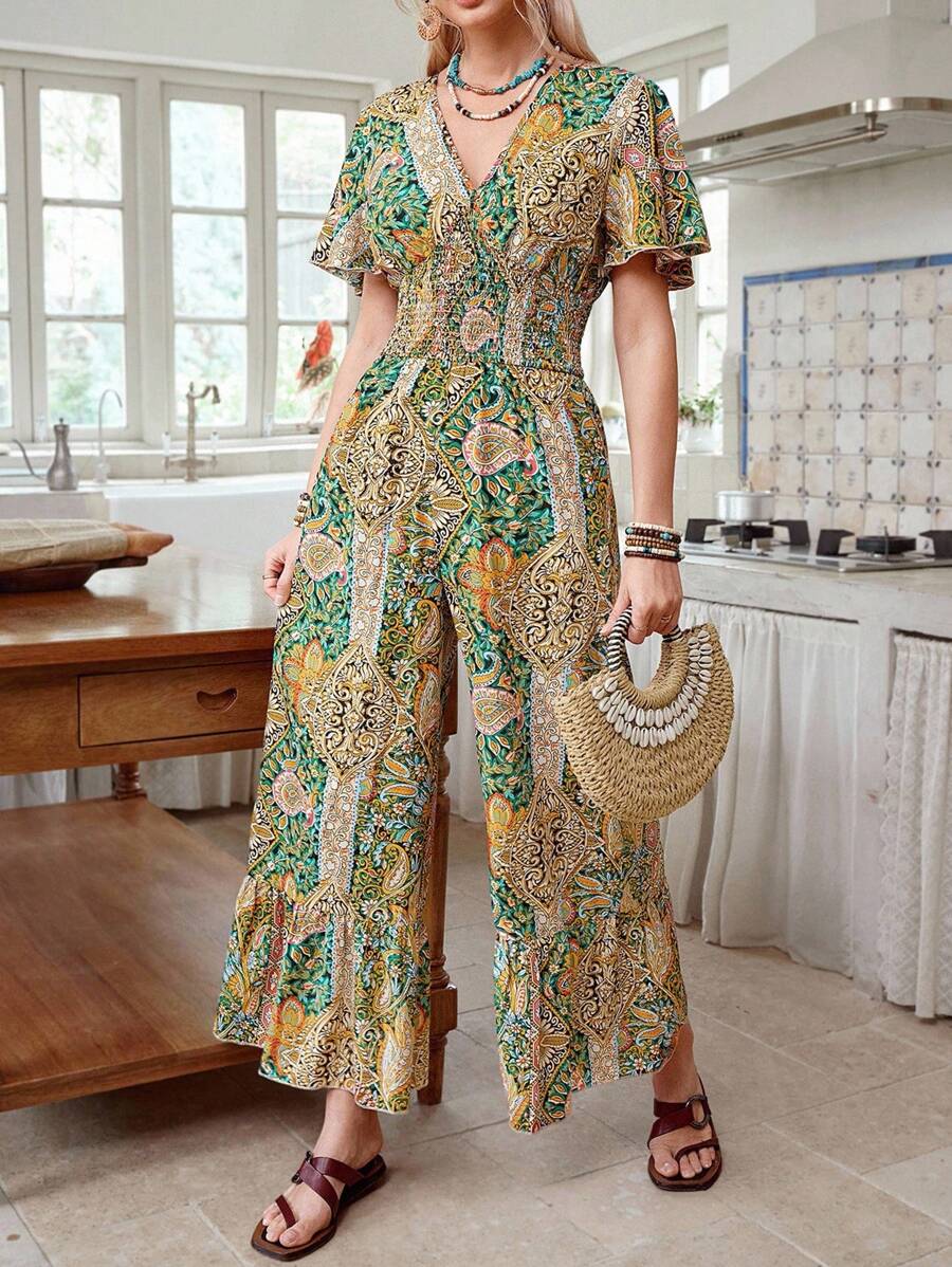 LanaWest Damen Jumpsuit mit Allover-Muster und Raffungen an den Ärmeln - Zufälliges Blumenmuster - Verschiedenfarbig - Übersicht 1