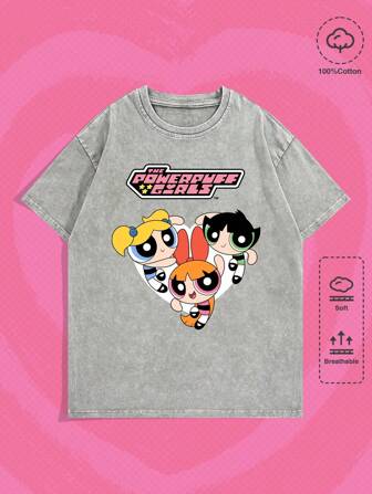 The Powerpuff Girls | ROMWE Men's Blossom, Bubbles, Buttercup Pattern Round Neck Short Sleeve T-Shirt