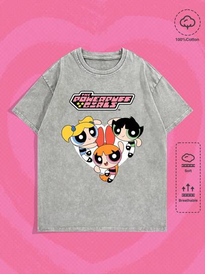 The Powerpuff Girls | ROMWE Herren T-Shirt mit rundem Ausschnitt und kurzen Ärmeln, Muster mit Blüten, Blasen und Butterblumen