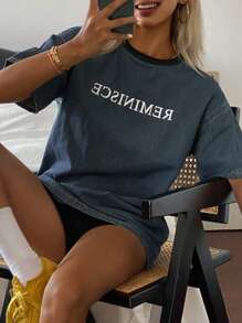 Livesso 女式夏季休闲字母图案圆领短袖牛仔上衣 - 藍色 - 查看 1