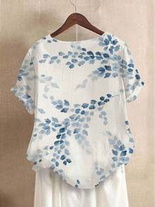 SHEIN 大码女式简约休闲白蓝花卉印花纽扣设计衬衫 - 白色 - 查看 3