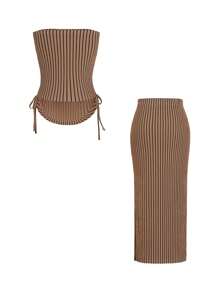 Islaluna Conjunto de 2 peças Top Cropped e Saia Listrada, Casual/Escritório, para Mulheres no Verão