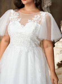 Aureia Váy cưới thêu lưới sang trọng cổ tròn họa tiết hoa đính ren tay bèo cỡ lớn thanh lịch & lãng mạn màu trắng - trắng - Xem 6