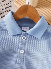 SHEIN Vintaside Kids 男婴休闲纯白色长袖纽扣领 Polo 衫，春/秋 - 藍色 - 查看 5
