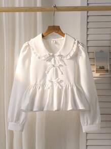 Tween Girls' White Fashion Elegant Cute Blouse For Tea Party School,Autumn Long Sleeve Casual Shirt With Frill Collar Decorative Bow,Minimalist - White - View 6