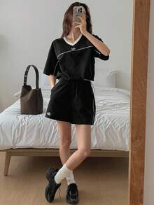 DAZY Damen Kontrast V-Ausschnitt Loose Zweiteiler Lässig anzug