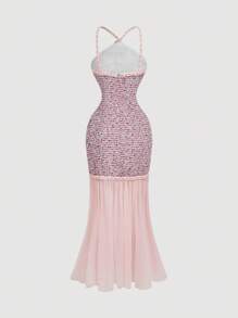 SHEIN MOD 女式粗花呢领结高低下摆连衣裙 - 粉色 - 查看 2