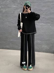 SHEIN 少女撞色针织宽松卫衣和阔腿裤两件套，开衩设计，休闲街头风开学装 - 黑色 - 查看 4
