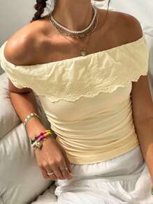 Jouncy Áo trễ vai tay ngắn viền ren nhún bèo màu vàng cho nữ - Màu vàng - Xem 4