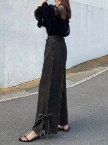 FRIFUL Women's Fashionable Casual Bowknot Tie Loose Fit Denim Jeans Bow Jeans Tie Jeans Black Jeans Split Hem Jeans Wide Leg Jeans - Black - View 4