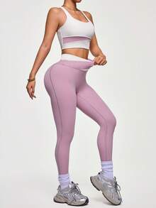 SHEIN Sports 女士拼色交叉后背运动文胸和高腰重叠紧身裤运动服套装健身套装健身紧身裤套装健身套装 - 紫丁香色 - 查看 4