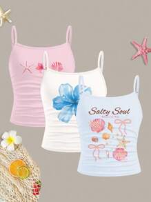 Set de 3 piezas de camiseta de tirantes básica de ajuste delgado y casual para niñas preadolescentes - Multicolor - Ver 3