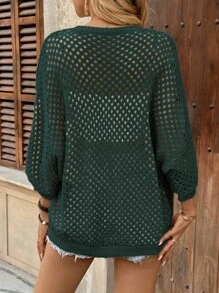 EMERY ROSE 休闲宽松圆领蝙蝠袖镂空针织杏色女毛衣上衣，春秋季 - 墨綠色 - 查看 2