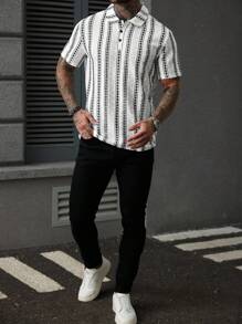 Manfinity Homme 男士条纹短袖休闲通勤 Polo 衫 - 黑與白 - 查看 3