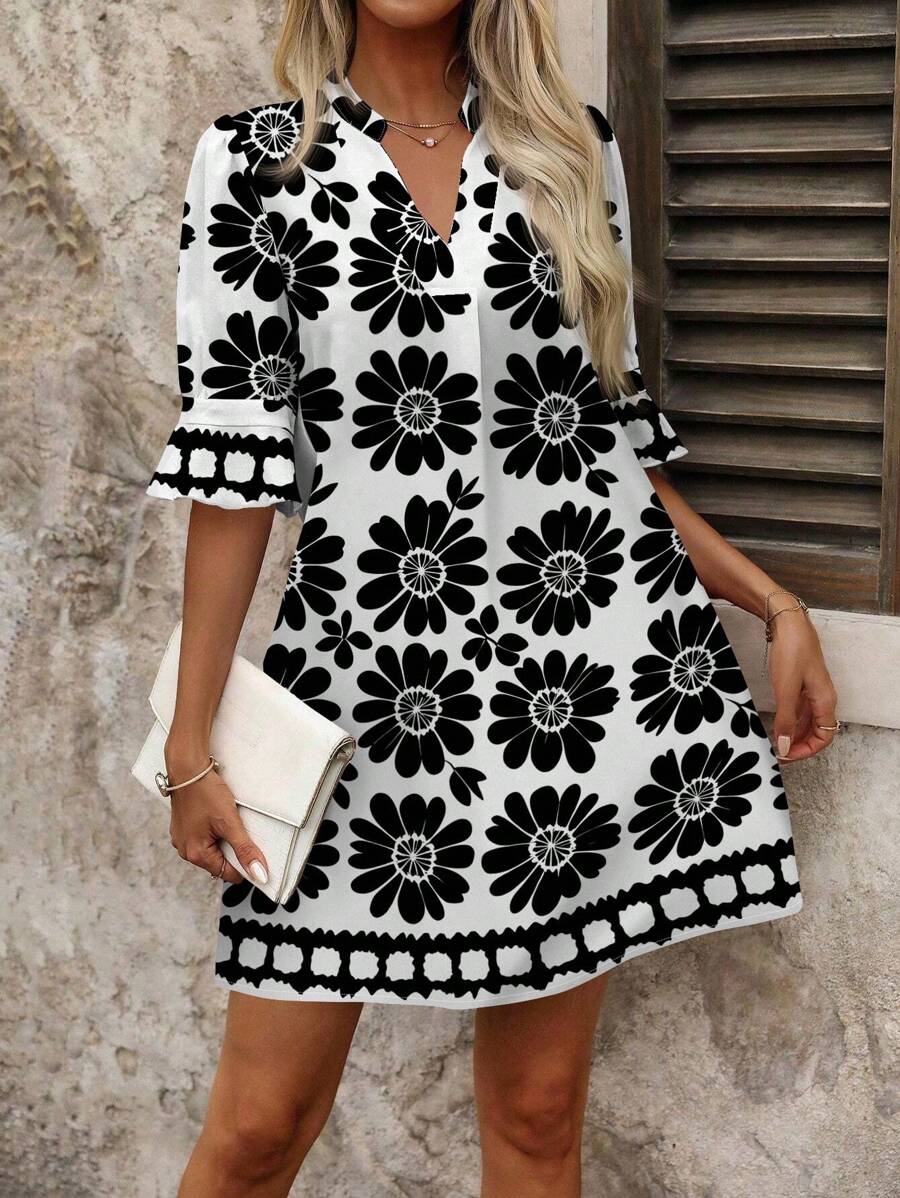 SHEIN Clasi Váy ngắn tay chữ V họa tiết hoa giản dị dành cho nữ, phù hợp cho mùa hè - Nhiều màu - Xem 1