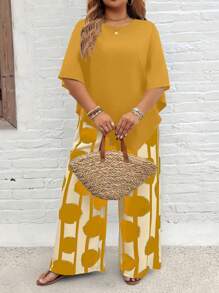 EMERY ROSE Plus Size Vacation Casual Solid Shirt And Striped Circle Print Pants Set - Multicolor - View 1