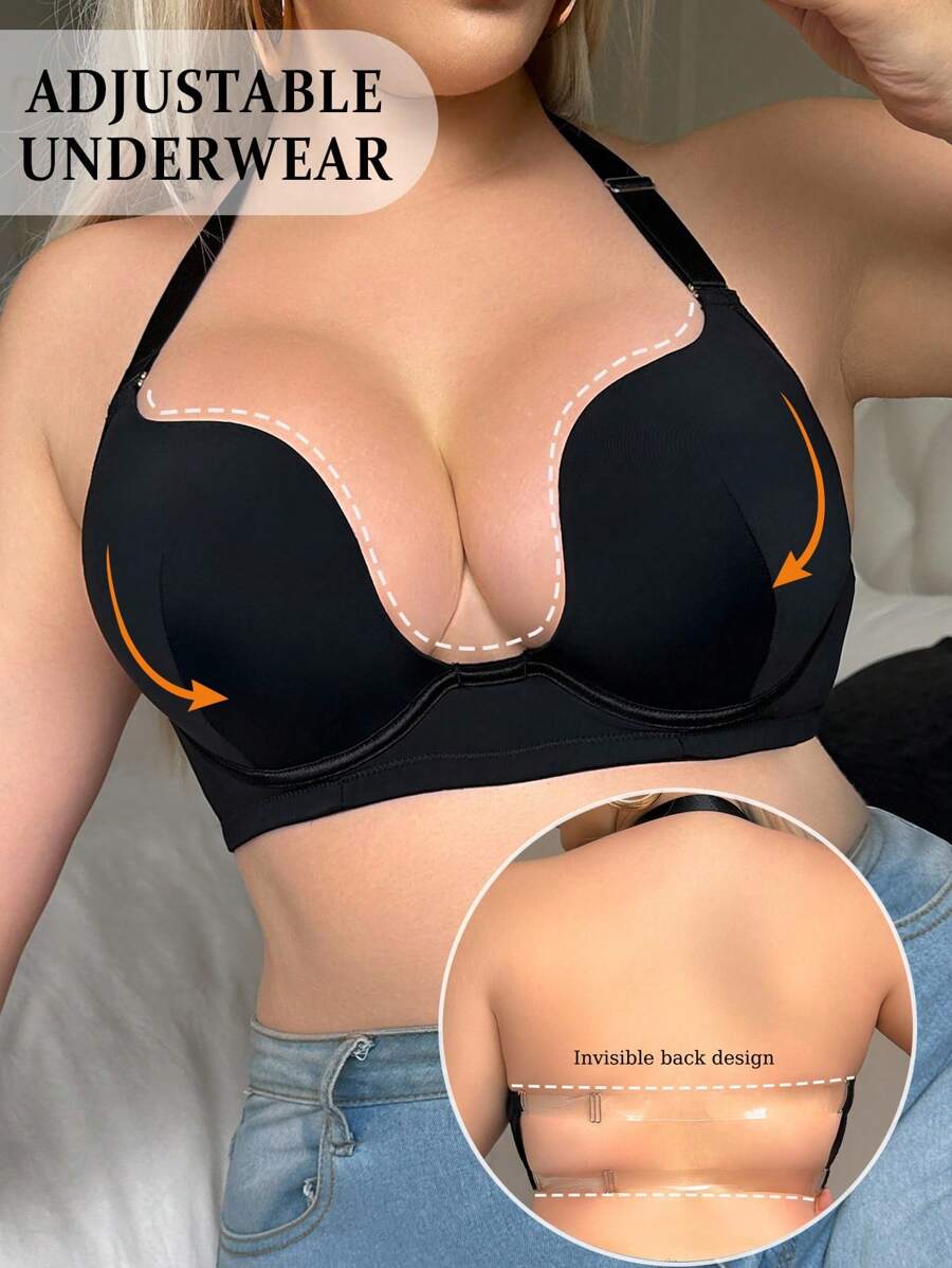 SHEIN Plus Size Women Solid Color Wire-Decorated Push-Up Halter Bra With Detachable Transparent Straps, Lift - Black - View 1