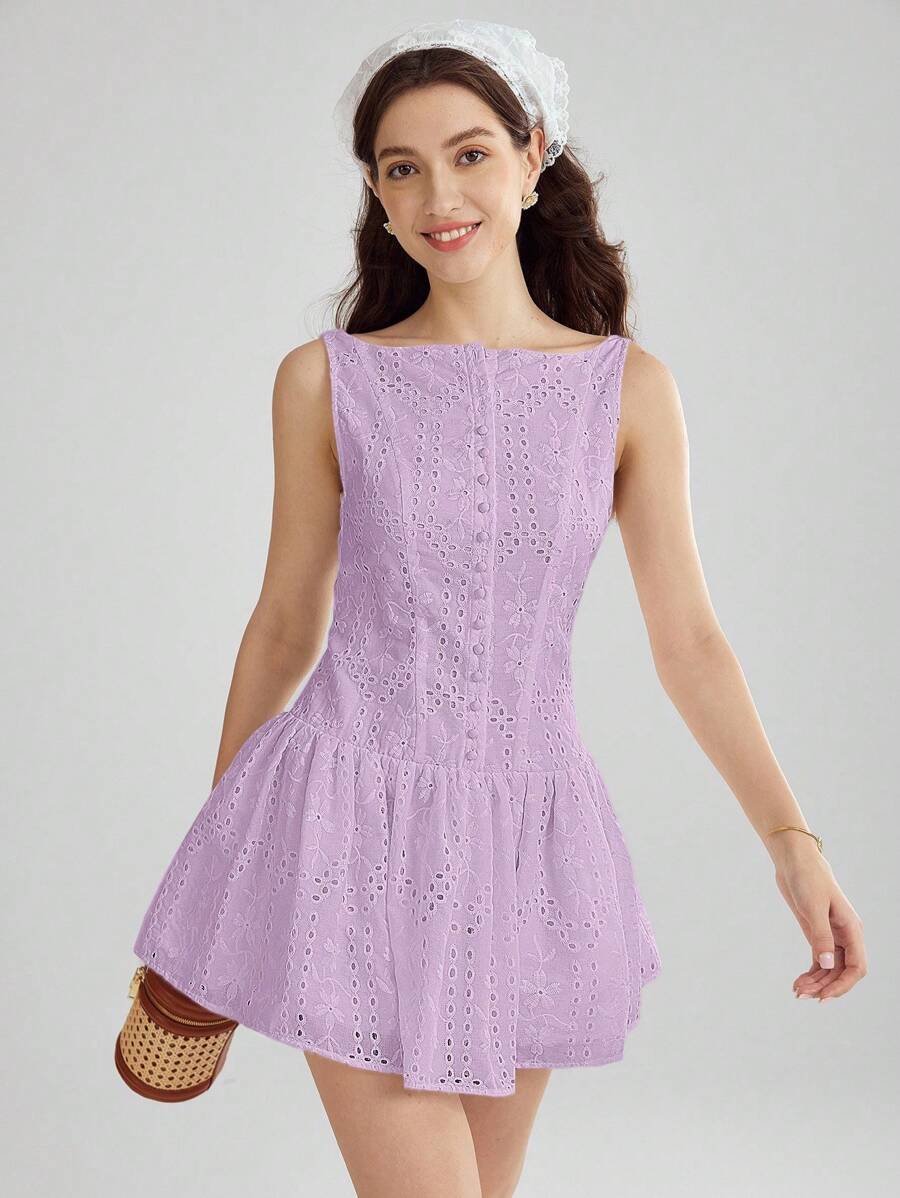 Enchnt Women Laser Cut Embroidery Button Decorated Ruffle Hem Sleeveless Dress - Mauve Purple - View 1