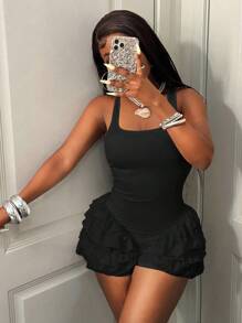 BamGleam Women's Solid Color Square Neck Sleeveless Wide Strap Ruffle Hem Layered Jumpsuit - Black - View 5