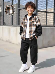 Vacaura 2 件套青少年男孩休闲格子拼接长袖衬衫 + 慢跑裤，适合日常穿着、上学、通勤、户外玩耍，适合所有场合 - 彩色 - 查看 1