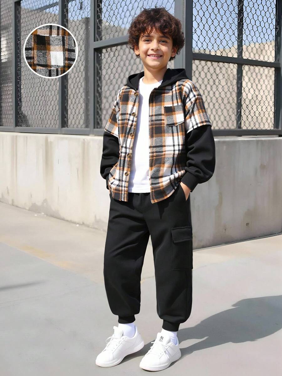Vacaura 2 件套青少年男孩休闲格子拼接长袖衬衫 + 慢跑裤,适合日常穿着、上学、通勤、户外玩耍,适合所有场合 - 彩色 - 查看 1