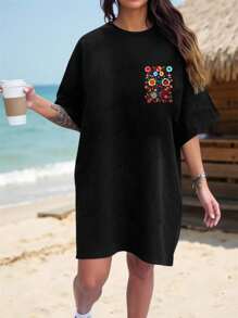 SHEIN Unity 女士花卉印花宽松休闲圆领落肩T恤，夏季