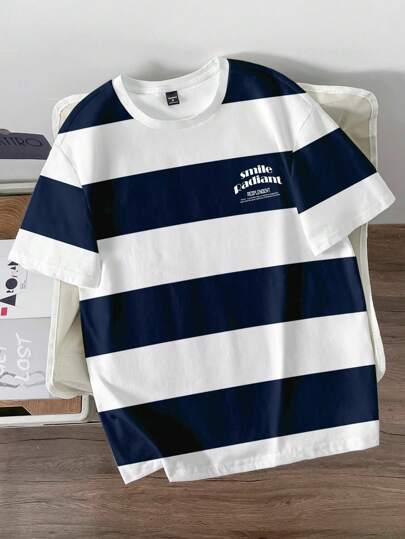 Manfinity Joysei Men's Casual Loose Fit Crewneck Short Sleeve T-Shirt, Simple Design For Daily Wear Men Stripe T Shirt Men Navy Striped Tshirt