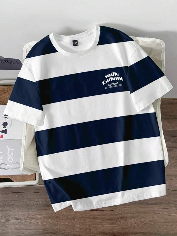 Manfinity Joysei Men's Casual Loose Fit Crewneck Short Sleeve T-Shirt, Simple Design For Daily Wear Men Stripe T Shirt Mens Navy Striped Tshirt